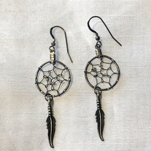 Dream Catcher Earrings Sterling Silver Drop Feather Fish Hook Back